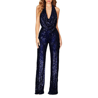 Sexy, glitzernder Neckholder-Jumpsuit für Damen mit schmalem Schnitt