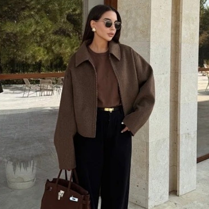 Kurzjacke mit Reißverschluss und Reverskragen in Uni-Farbe für Damen