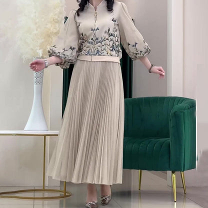 ✨Neu eingetroffen🎁2-teiliges Set aus Jacke mit Blumenmuster und langem Faltenrock für Damen