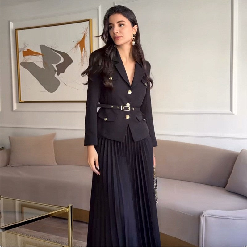 🎄✨Weihnachts-Specials 49% RABATT🎄Zweiteiliges Set aus Reversblazer und Faltenrock für Damen 👗(mit Gürtel)