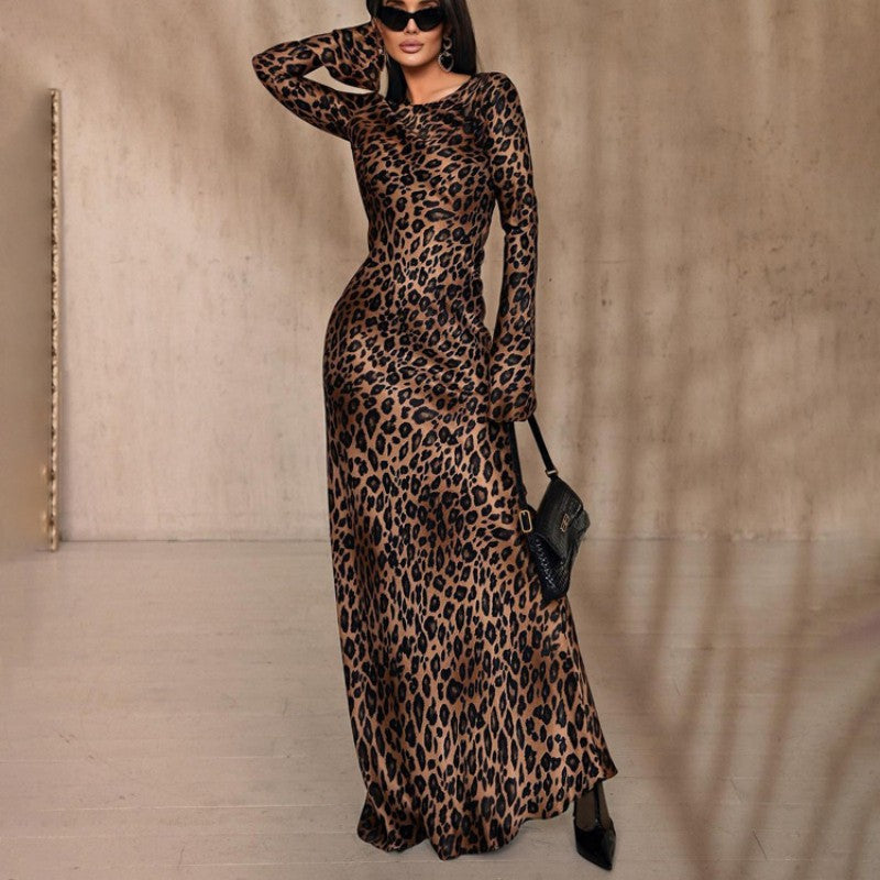 50%off🔥Women's Sexy Leopard Dress with Round Neck & Extra Long Sleeves