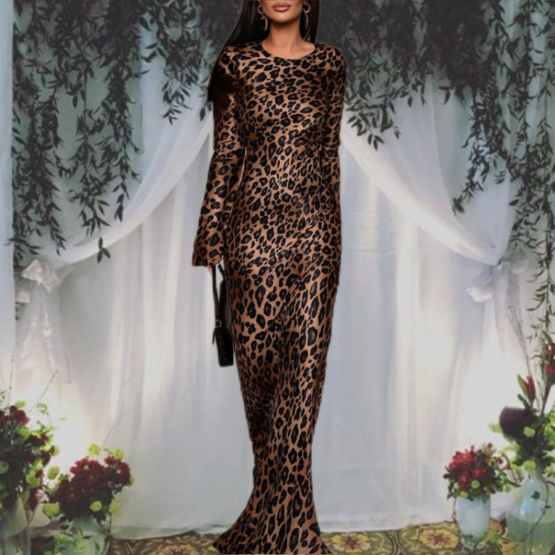 50%off🔥Women's Sexy Leopard Dress with Round Neck & Extra Long Sleeves
