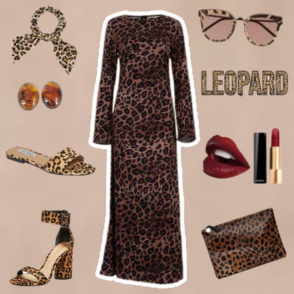 50%off🔥Women's Sexy Leopard Dress with Round Neck & Extra Long Sleeves