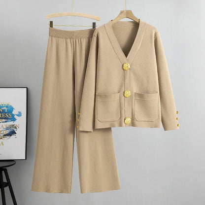 👗🌸Damen-Zweiteiler aus Pullover mit Knöpfen und Hose mit weitem Bein🔥