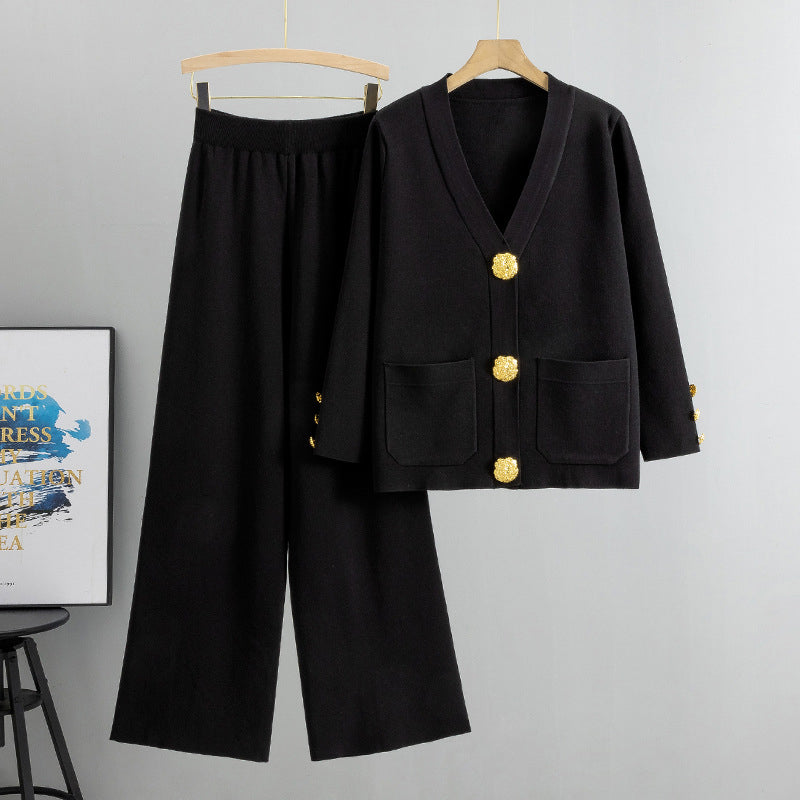 👗🌸Damen-Zweiteiler aus Pullover mit Knöpfen und Hose mit weitem Bein🔥