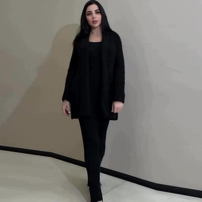 Damen-Set aus einfarbigem Strickpullover mit Knöpfen und langem Rock