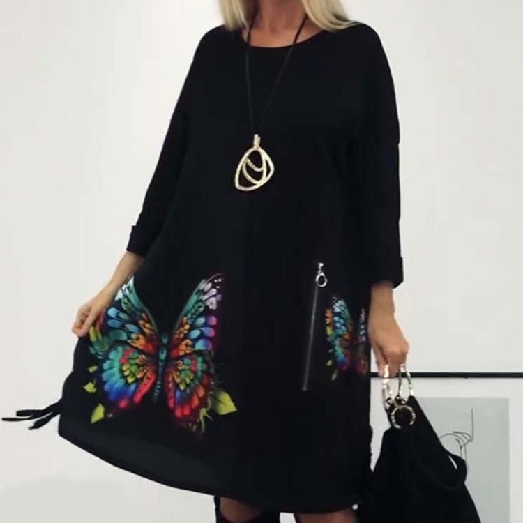 Lockeres Kleid mit Schmetterlingsdruck und Rundhalsausschnitt für Damen