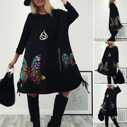 Lockeres Kleid mit Schmetterlingsdruck und Rundhalsausschnitt für Damen