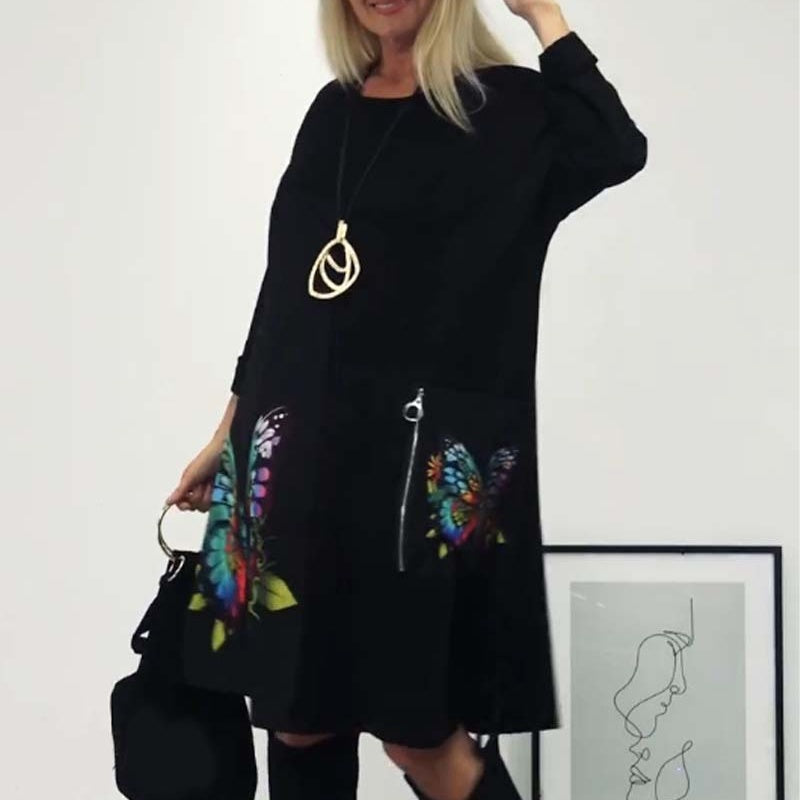 Lockeres Kleid mit Schmetterlingsdruck und Rundhalsausschnitt für Damen