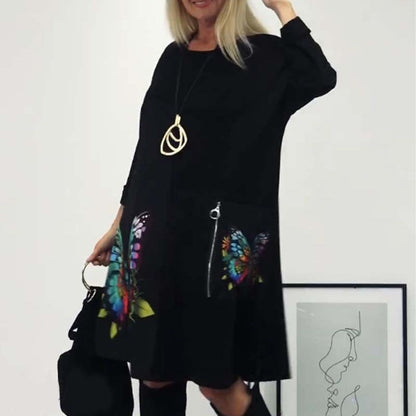 Lockeres Kleid mit Schmetterlingsdruck und Rundhalsausschnitt für Damen