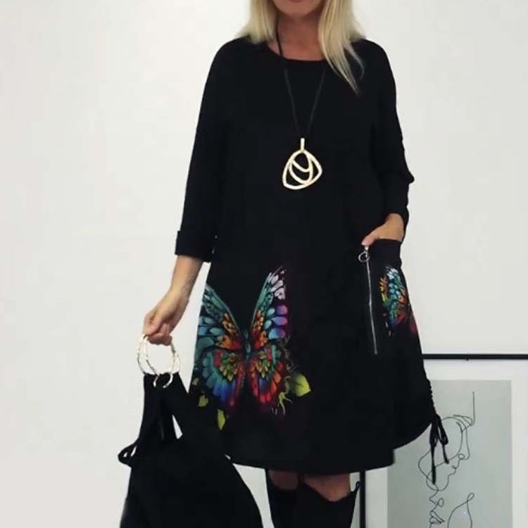 Lockeres Kleid mit Schmetterlingsdruck und Rundhalsausschnitt für Damen