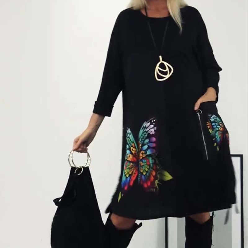 Lockeres Kleid mit Schmetterlingsdruck und Rundhalsausschnitt für Damen