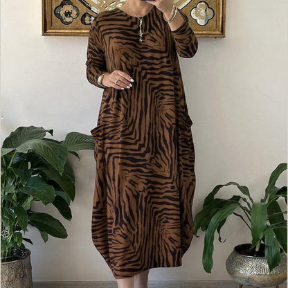 Lässiges modisches Kleid mit Zebramuster und Taschen für Damen