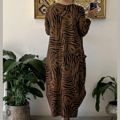 Lässiges modisches Kleid mit Zebramuster und Taschen für Damen