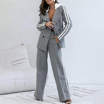 Lässiges 2-teiliges Damen-Set aus grauem Blazer-Oberteil und weiten Hosen