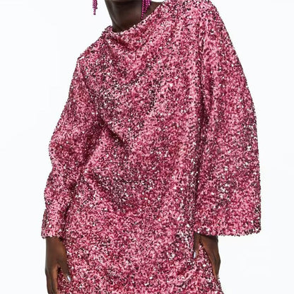 🔥✨Weihnachtsaktion 50 % RABATT🎅🎁 Geschenkauswahl – Langärmliges, lockeres Paillettenkleid mit Raffung