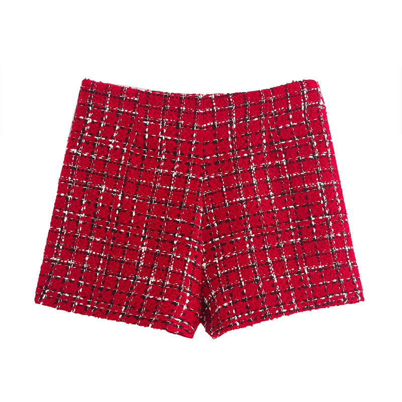 Warmes 2-teiliges Set aus kariertem Blazer und hoch tailliertem Skort