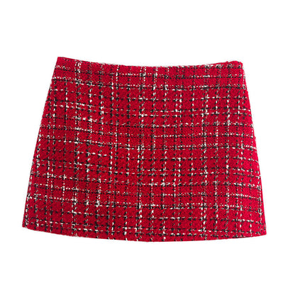 Warmes 2-teiliges Set aus kariertem Blazer und hoch tailliertem Skort