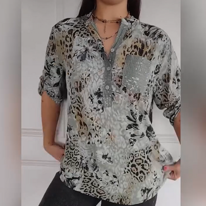 🌈Neujahrsaktion✨Lässiges bedrucktes Hemd mit halber Knopfleiste für Damen