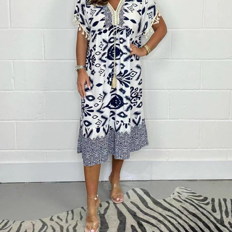 🌞Summer Hot Sale-50% Rabatt✨Bedrucktes Freizeitkleid mit V-Ausschnitt und Fransen an den kurzen Ärmeln