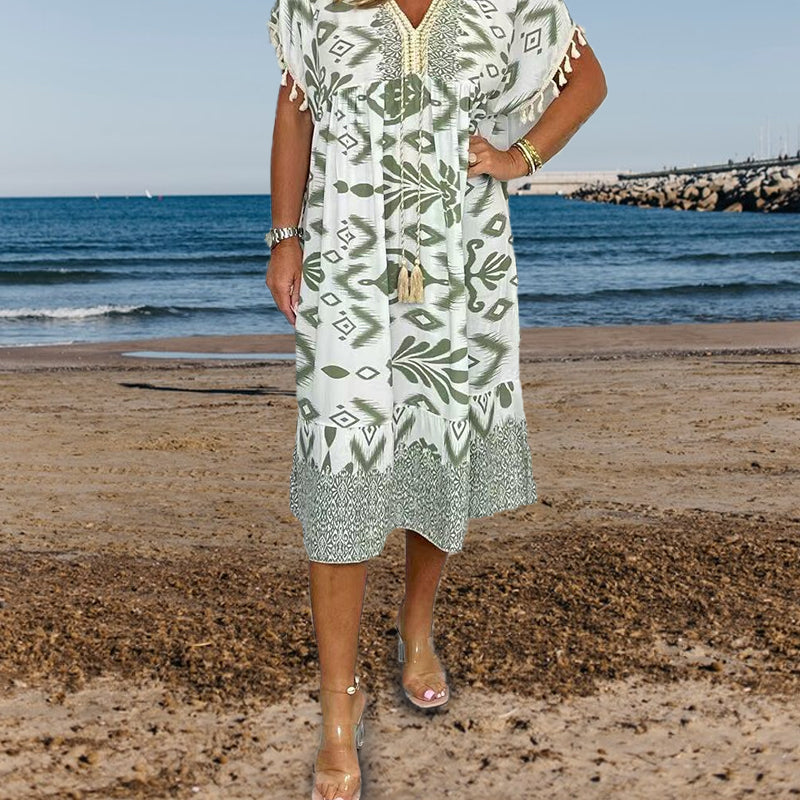 🌞Summer Hot Sale-50% Rabatt✨Bedrucktes Freizeitkleid mit V-Ausschnitt und Fransen an den kurzen Ärmeln