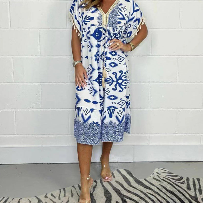 🌞Summer Hot Sale-50% Rabatt✨Bedrucktes Freizeitkleid mit V-Ausschnitt und Fransen an den kurzen Ärmeln