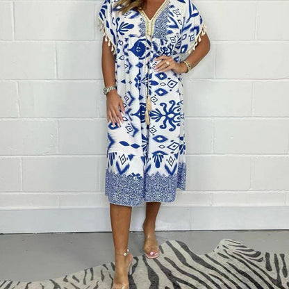 🌞Summer Hot Sale-50% Rabatt✨Bedrucktes Freizeitkleid mit V-Ausschnitt und Fransen an den kurzen Ärmeln