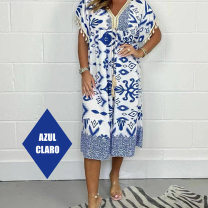 🌞Summer Hot Sale-50% Rabatt✨Bedrucktes Freizeitkleid mit V-Ausschnitt und Fransen an den kurzen Ärmeln