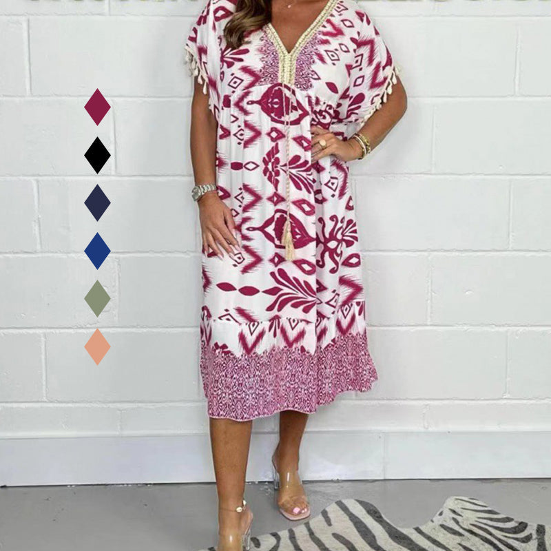 🌞Summer Hot Sale-50% Rabatt✨Bedrucktes Freizeitkleid mit V-Ausschnitt und Fransen an den kurzen Ärmeln