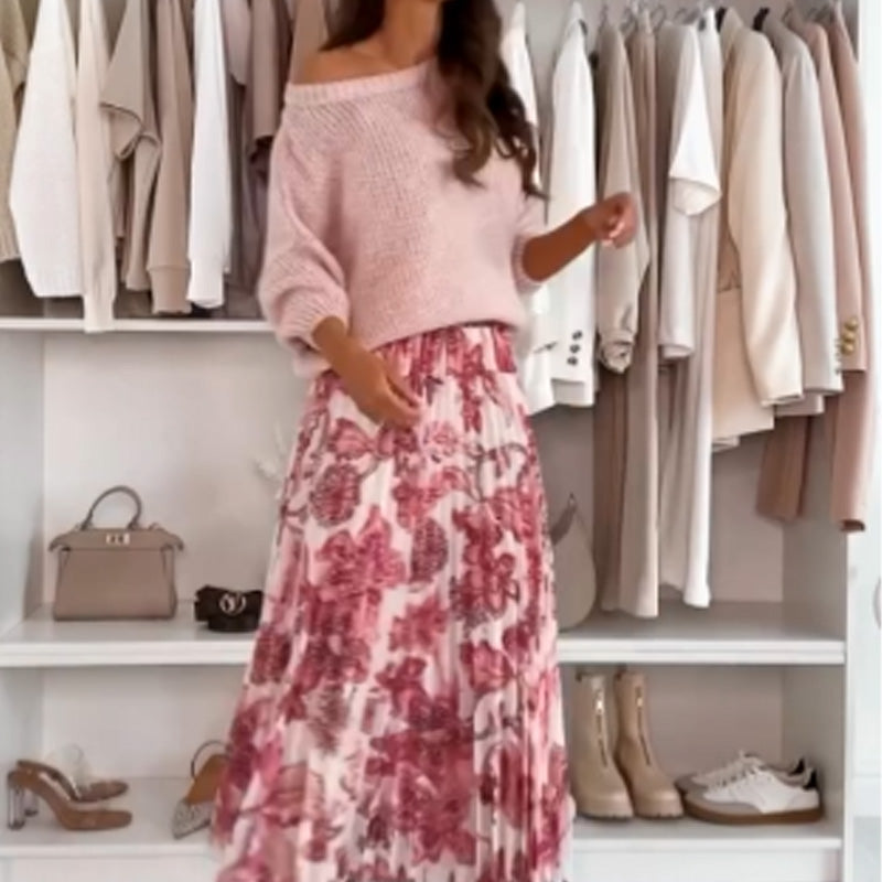 🌸Set aus Oberteil mit Rundhalsausschnitt und bedrucktem Rock mit Gürtel🌸