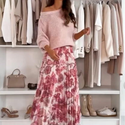 🌸Set aus Oberteil mit Rundhalsausschnitt und bedrucktem Rock mit Gürtel🌸