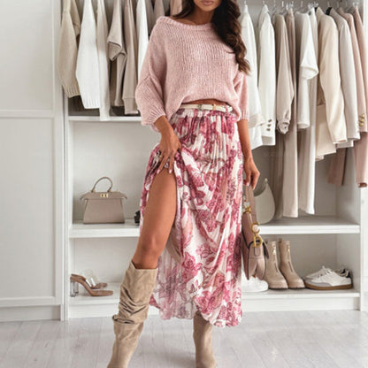 🌸Set aus Oberteil mit Rundhalsausschnitt und bedrucktem Rock mit Gürtel🌸
