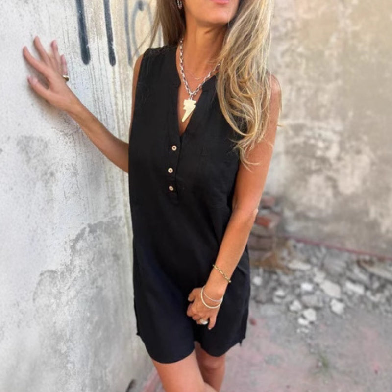 🎀Elegantes Sommerkleid – Ärmelloses Kleid mit Knopfleiste und V-Ausschnitt ✨