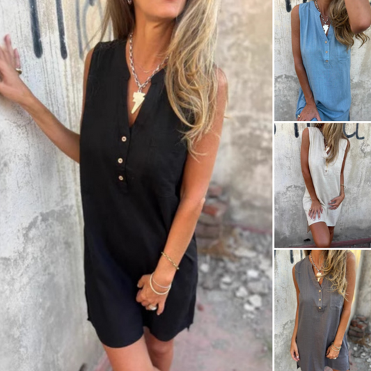 🎀Elegantes Sommerkleid – Ärmelloses Kleid mit Knopfleiste und V-Ausschnitt ✨