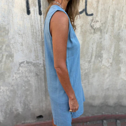 🎀Elegantes Sommerkleid – Ärmelloses Kleid mit Knopfleiste und V-Ausschnitt ✨