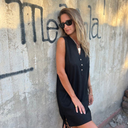 🎀Elegantes Sommerkleid – Ärmelloses Kleid mit Knopfleiste und V-Ausschnitt ✨
