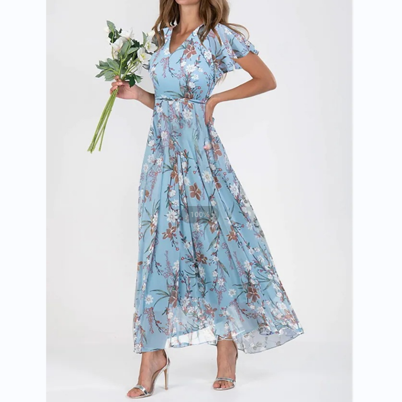🌊Kurzärmeliges langes Kleid mit Blumendruck