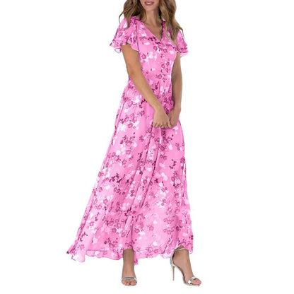 🌊Kurzärmeliges langes Kleid mit Blumendruck