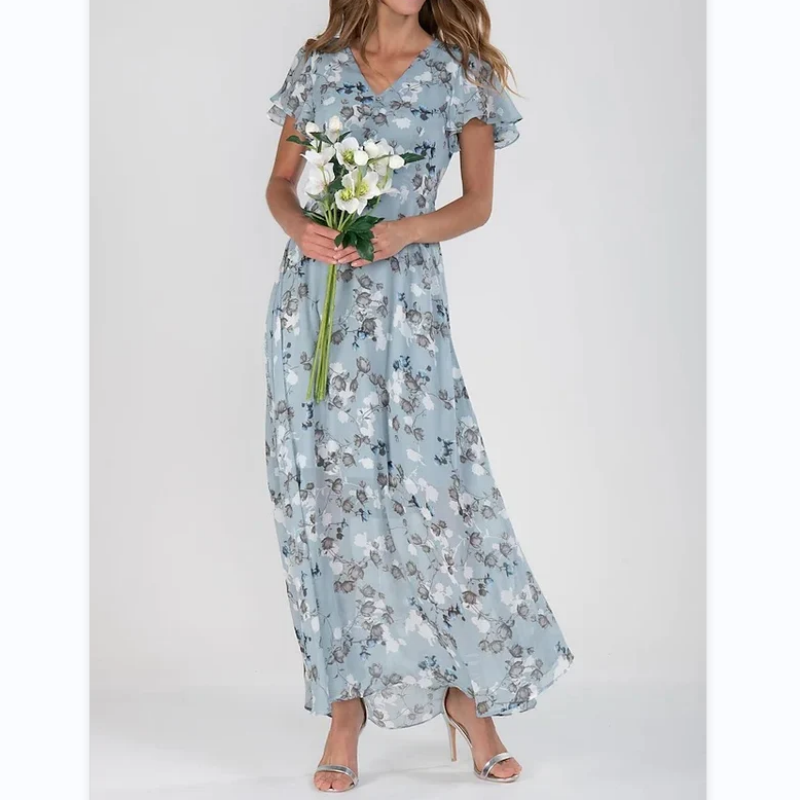 🌊Kurzärmeliges langes Kleid mit Blumendruck