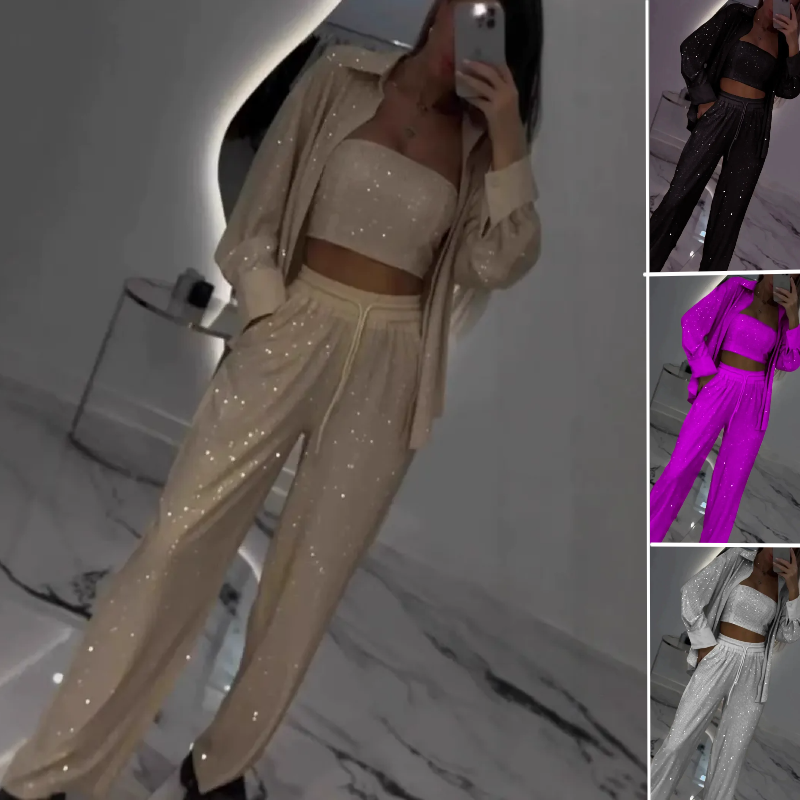 💕2025 HEISSER 60%OFF VERKAUF 💐Paillettenblazer und weite Hose für Damen (3-teiliges Set)