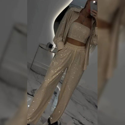 💕2025 HEISSER 60%OFF VERKAUF 💐Paillettenblazer und weite Hose für Damen (3-teiliges Set)