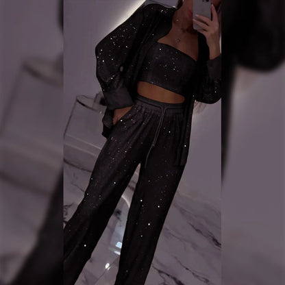 💕2025 HEISSER 60%OFF VERKAUF 💐Paillettenblazer und weite Hose für Damen (3-teiliges Set)