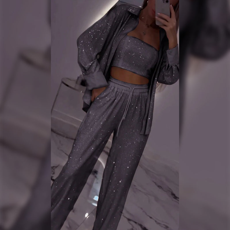 💕2025 HEISSER 60%OFF VERKAUF 💐Paillettenblazer und weite Hose für Damen (3-teiliges Set)