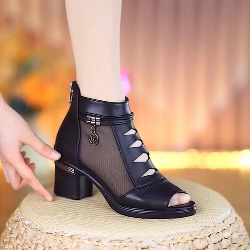 🥿🥰Weiches Leder Damen Stiefeletten mit Netzstoff-Einsatz, Sandalen mit praktischem mittlerem Absatz für jeden Tag