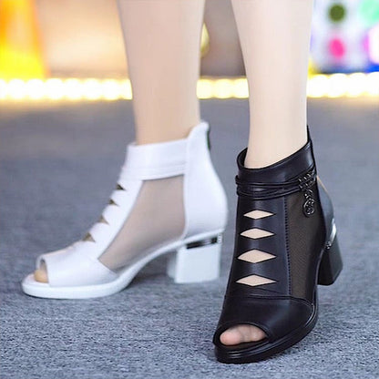 🥿🥰Weiches Leder Damen Stiefeletten mit Netzstoff-Einsatz, Sandalen mit praktischem mittlerem Absatz für jeden Tag
