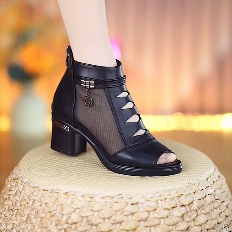 🥿🥰Weiches Leder Damen Stiefeletten mit Netzstoff-Einsatz, Sandalen mit praktischem mittlerem Absatz für jeden Tag