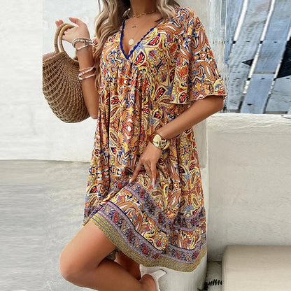 🔥Schneller Abverkauf – 50 % Rabatt👗Minikleid mit Blumenmuster und V-Ausschnitt und kurzen Ärmeln für Damen
