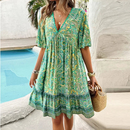 🔥Schneller Abverkauf – 50 % Rabatt👗Minikleid mit Blumenmuster und V-Ausschnitt und kurzen Ärmeln für Damen