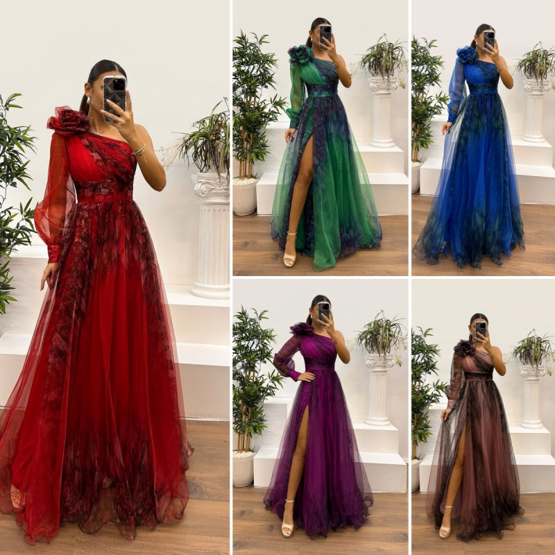 🔥Ihre Schönheitswahl🔥Damen modisches bedrucktes Kleid mit schräger Schulter aus Mesh