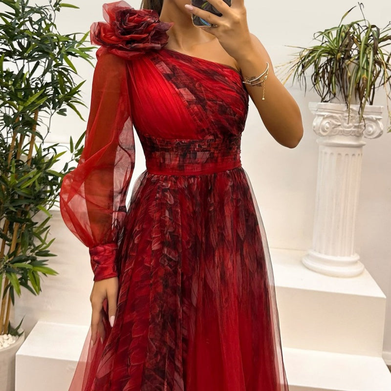 🔥Ihre Schönheitswahl🔥Damen modisches bedrucktes Kleid mit schräger Schulter aus Mesh